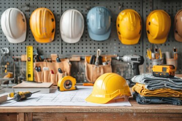 Fototapeta premium Construction tools neatly arranged on pegboard wall. Hard hats, drills, saws, and blueprints ready for building project. Safety equipment and workshop organization concepts.