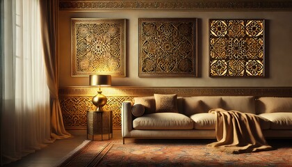 A cozy living room with Islamic-inspired wall art