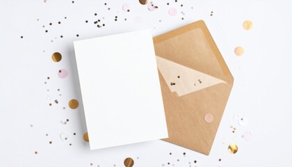  Stylish birthday invitation card mockup with pastel envelope and confetti, minimal design on white surface, top view