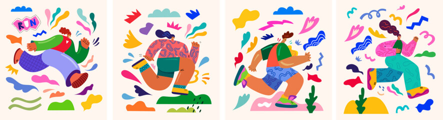 Posters with Running people. Marathon illustration. Vector illustration on the theme of sports