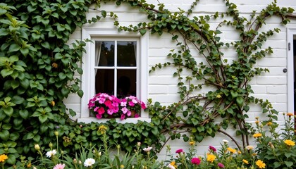 cozy white house facade with ivy and blooming pink flowers around the window, charming countryside vibe, bright soft lighting