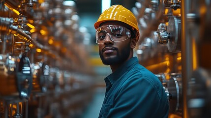 Fototapeta premium Industrial worker in safety gear inspects machinery inside a spacious factory.