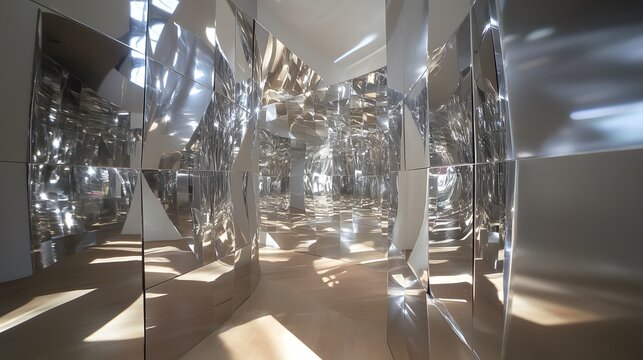 An installation of reflective panels arranged in a spiral