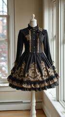 Elegant victorian-style black lolita dress on mannequin in sunlit room