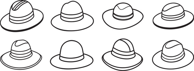 set of sun hat line art, black outline, vector and illustration, coloring book page line art drawing