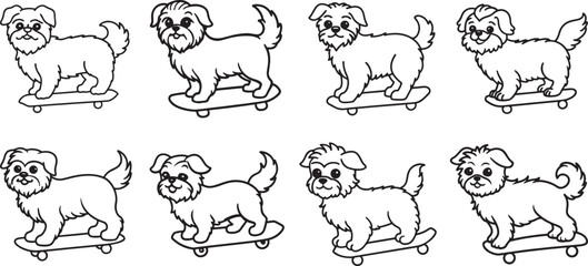 set of puppy riding a skateboard line art, black outline, vector and illustration, coloring book page line art drawing