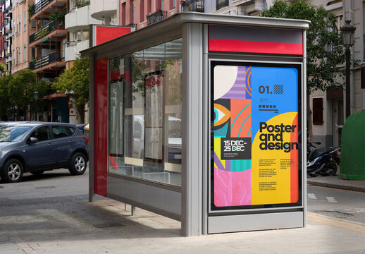 Valencia Urban bus stop shelter for Ad. PSD Mockup