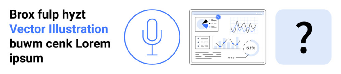 Microphone symbol, analytics dashboard, and question mark represent voice interface, data insights, query resolution. Ideal for AI tech, SEO, learning, online support and simple landing page