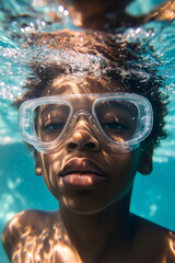 Fototapeta premium Underwater portrait of a boy with goggles, a calm, serious face submerged in blue water, peaceful summer vacation, childhood exploration