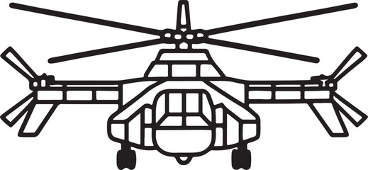 military helicopter line art, black outline, vector and illustration, coloring book page line art drawing