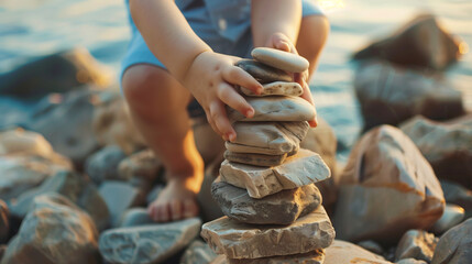 Child's Hands Carefully Stacking Stones into Elegant Pile, Soft Focus Ocean Background, Serene Coastal Activity