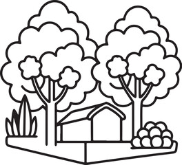 garden with trees line art, black outline, vector and illustration, coloring book page line art drawing