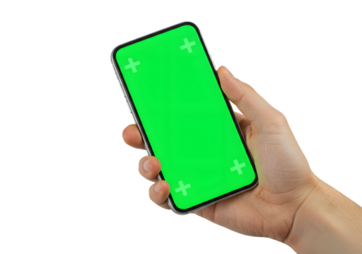 hand holding a mobile phone with green screen on transparent background PNG - Powered by Adobe
