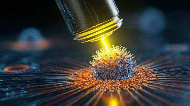 Bright Liquid Droplet Falling on Colorful Organic Structure in Dark Background Creating Science and Technology Illusion