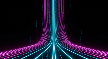 Quantum computing visualization, curved neon light trails in magenta and cyan converging into a vertical stream, dark matrix-style background 