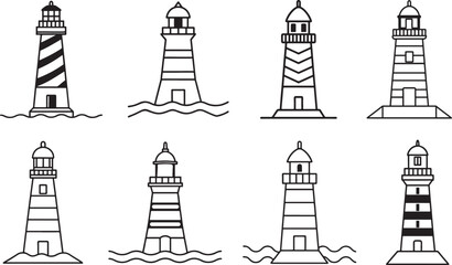 set of lighthouse line art, black outline, vector and illustration, coloring book page line art drawing