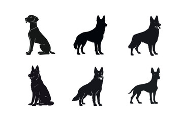 Six dog silhouettes german shepherd and pointer breeds