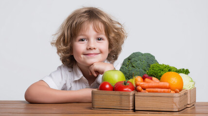 Fototapeta premium Happy child with fresh fruits and vegetables