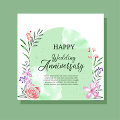 Happy wedding aniversary greeting card floral watercolor style, Anniversary party invitation card template editable text