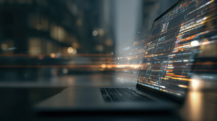 Modern Technology and Code Flow: A laptop with data streams symbolizing technological progress