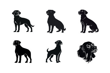 Six black dog silhouettes in various poses