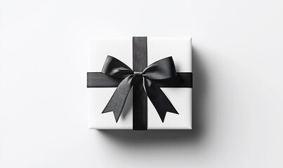 A white gift box with a black ribbon bow