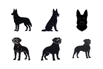 Fototapeta premium Silhouette collection of german shepherd and boxer dogs