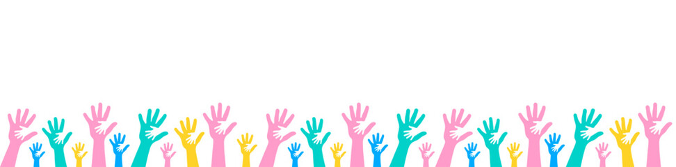 Diverse Community Hands Up Banner. Colorful Abstract Design Representing Unity, Support, Children, and Global Solidarity, Ideal for Social Causes and Education.
