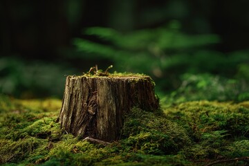 Fototapeta premium Moss-covered tree stump in a lush forest surrounded by green foliage during a sunny day