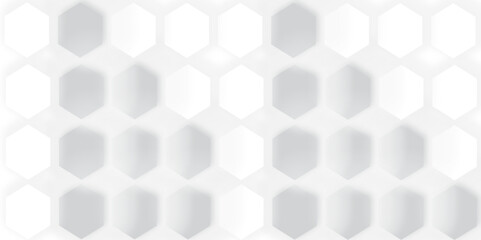  An abstract geometric pattern featuring alternating rows of white and light gray elongated hexagons with soft shadows, creating a subtle three-dimensional, textured surface on a white background.