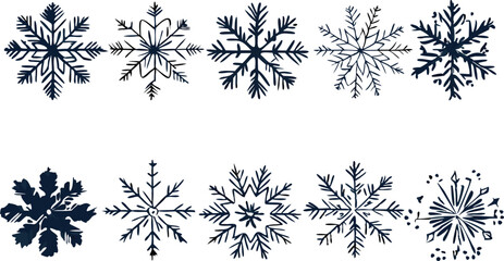 Hand Drawn Snowflake Collection in Navy Blue on a White Background Perfect for Winter Holiday Designs and Christmas Themed Projects and Creative Designs