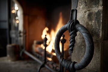 Warm fire crackles in a rustic fireplace surrounded by stone and metal decor at a cozy cabin retreat