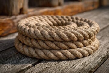 Rope coiled neatly on a wooden surface in a rustic setting