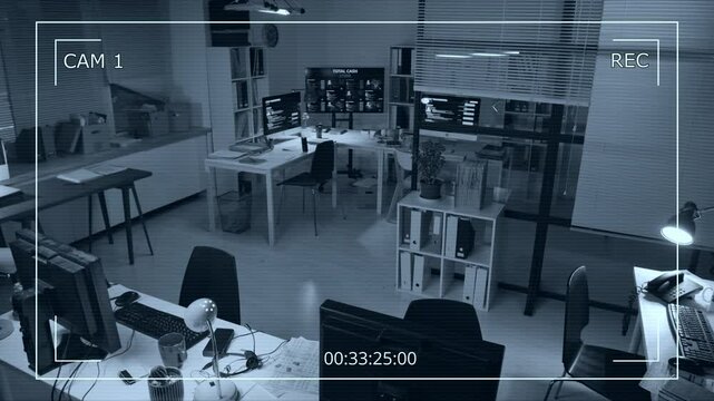 Wide no people surveillance camera shot of interior of scam call center, with personal data on screen, software monitoring bank transfers, sim cards and headsets on operators desks