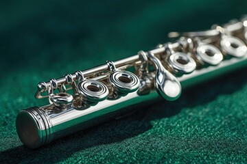 Fototapeta premium Flute resting on green fabric during a musical practice session in a well-lit room
