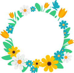 Whimsical Floral Circle Frame. Colorful Spring Flower Wreath with Butterfly, Ideal for Invitations, Greeting Cards, Nature Themes, and Event Decorations.