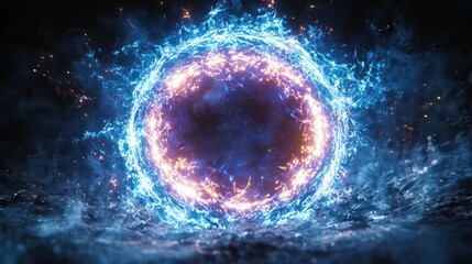 Electric sparks around glowing core, blue and purple lights lighting up the dark space.