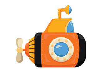 Bright bathyscaphe. Cute yellow submarine in cartoon style. Underwater transport. Vector illustration.