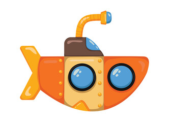 Bright bathyscaphe. Cute yellow submarine in cartoon style. Underwater transport. Vector illustration.