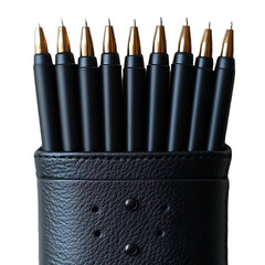 Black pens in leather case isolated on transparent background