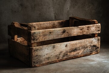 Rustic wooden crate on a textured surface showcasing weathered charm and natural elegance in a dimly lit setting