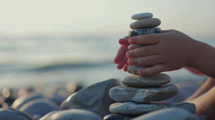 Child's Hands Carefully Stacking Stones into Elegant Pile, Soft Focus Ocean Background, Serene Coastal Activity