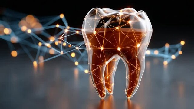 Digital Dental Delight: A luminous and intricately designed illustration of a molar tooth, with the inner workings represented by interconnected nodes.