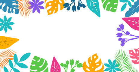 Obraz premium Vibrant Tropical Leaves and Flowers Border. Colorful Jungle Foliage Frame, Ideal for Summer Parties, Exotic Vacations, and Botanical Designs.