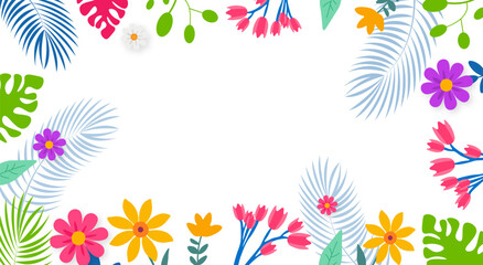 Vibrant Tropical Flower and Leaf Border. Colorful Summer Foliage Frame with Exotic Blooms, Ideal for Invitations, Parties, and Seasonal Designs.