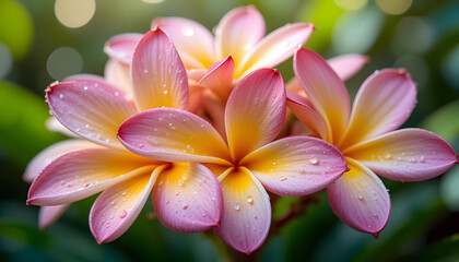 Fototapeta premium Fresh Frangipani Blossoms with Water Droplets: Multiple beautiful pink and yellow Plumeria flowers, each petal intricately detailed with clear dew drops, capturing the essence of tropical freshness.