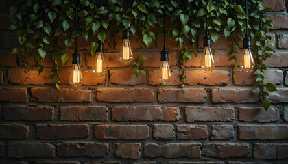 Obraz premium Cozy Industrial Aesthetic: Brick Wall with String Lights: A charming scene featuring exposed brickwork, illuminated by hanging Edison-style light fixtures and accented with natural foliage for a soft,