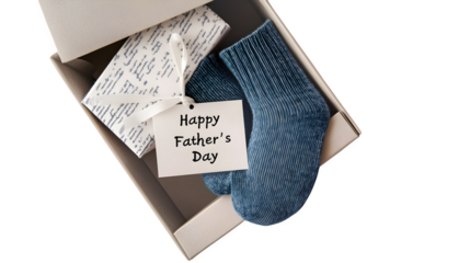 High-quality photograph of a neatly folded pair of men?s dress socks with a gift tag "Happy Father?s Day"inside an open gift box