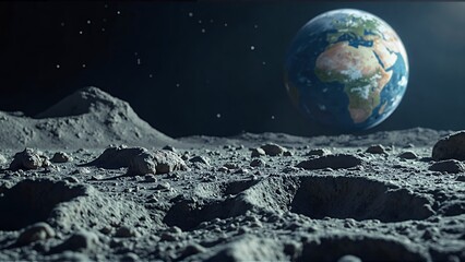 Obraz premium Lunar landscape with earth in the distance.