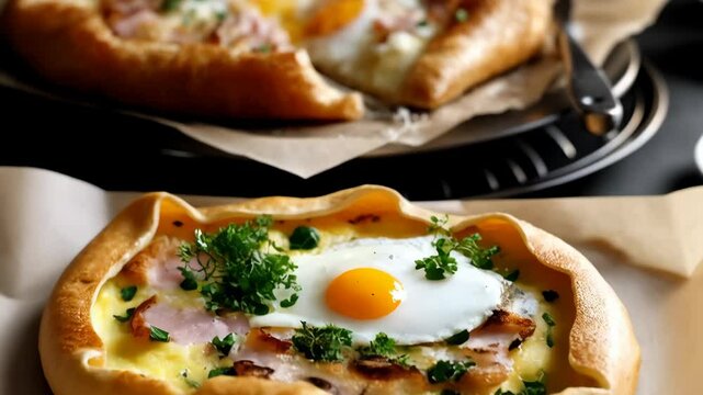 Rustic galette with ham, cheese, and eggs served on parchment paper, a delicious savory pastry with a flaky crust baked until golden brown